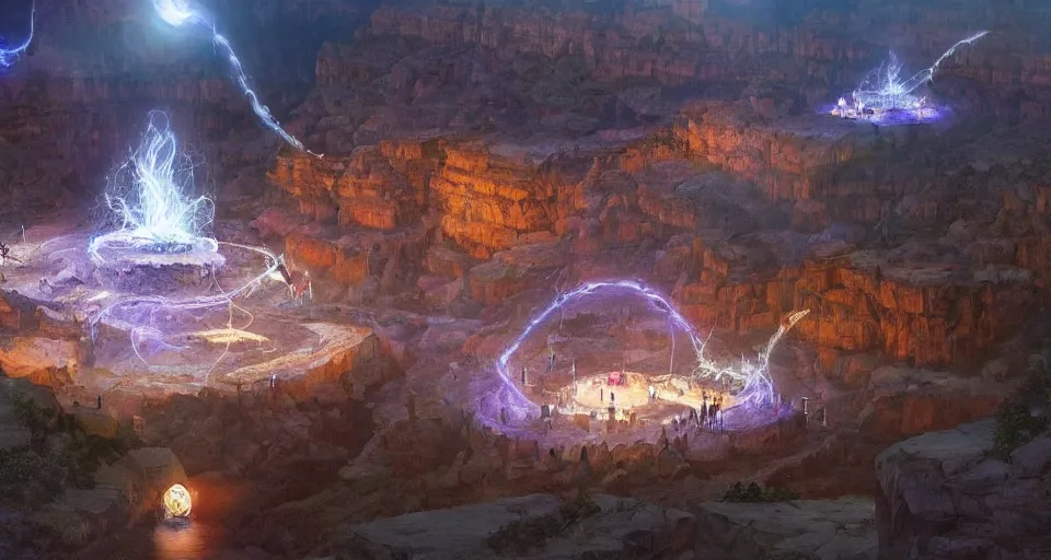 Image similar to night, a lot of people and a spiral - shaped white luminous attractor is floating in grand canyon, concept art, art for the game, professional lighting, art