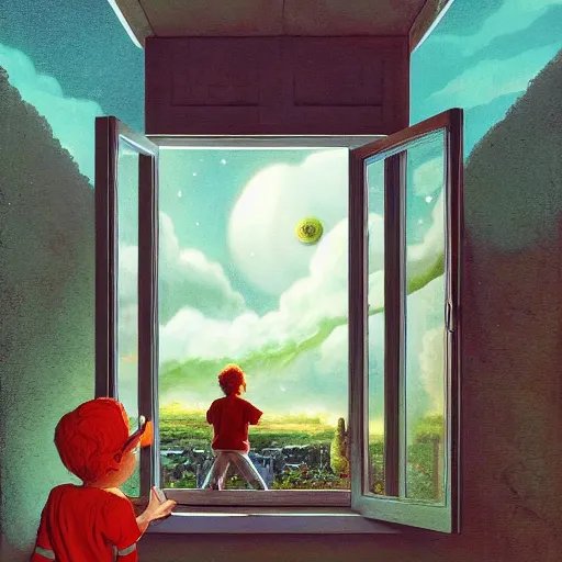 Image similar to and many others, including myself and my older brother, Sam, will be ablecanon of michael whelan, trending on artstation, vivid and vivid a boy looks outside his bedroom window to see the beautiful cosmos, trending