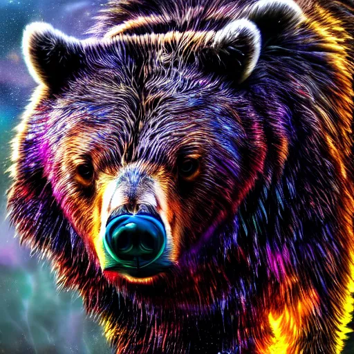 Prompt: Photorealistic horned bear. Hyperdetailed photorealism, 108 megapixels, amazing depth, glowing rich colors, powerful imagery, psychedelic Overtones, 3D finalrender, 3d shading, cinematic lighting, artstation concept art