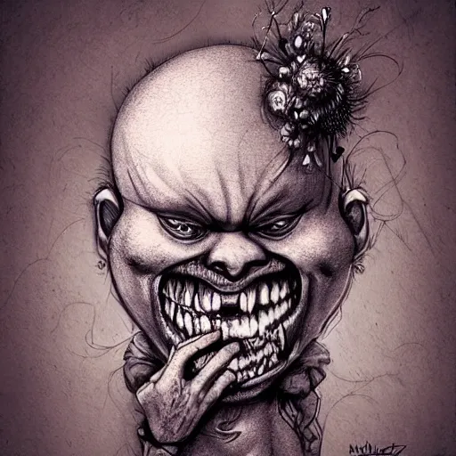 Image similar to grunge cartoon sketch of a flower with a human head with a wide smile by - michael karcz, loony toons style, horror theme, detailed, elegant, intricate