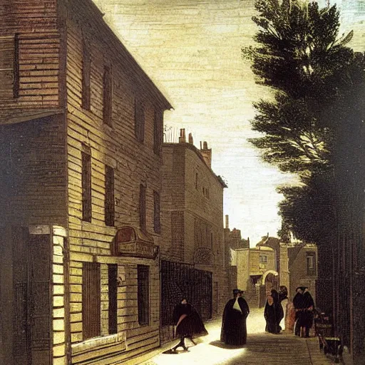 Image similar to a Victorian street in 1840, Morris Mini, by Caravaggio