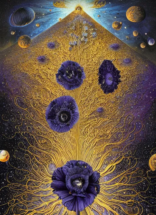 Image similar to detailed, intricate blue black and purple papaverum flower on the field, nebula, galaxy in the sky, winning award masterpiece, fantastically beautiful, illustration, aestheticly inspired, jacek yerka, upscale with anguissola sofonisba work, artstation, 8 k