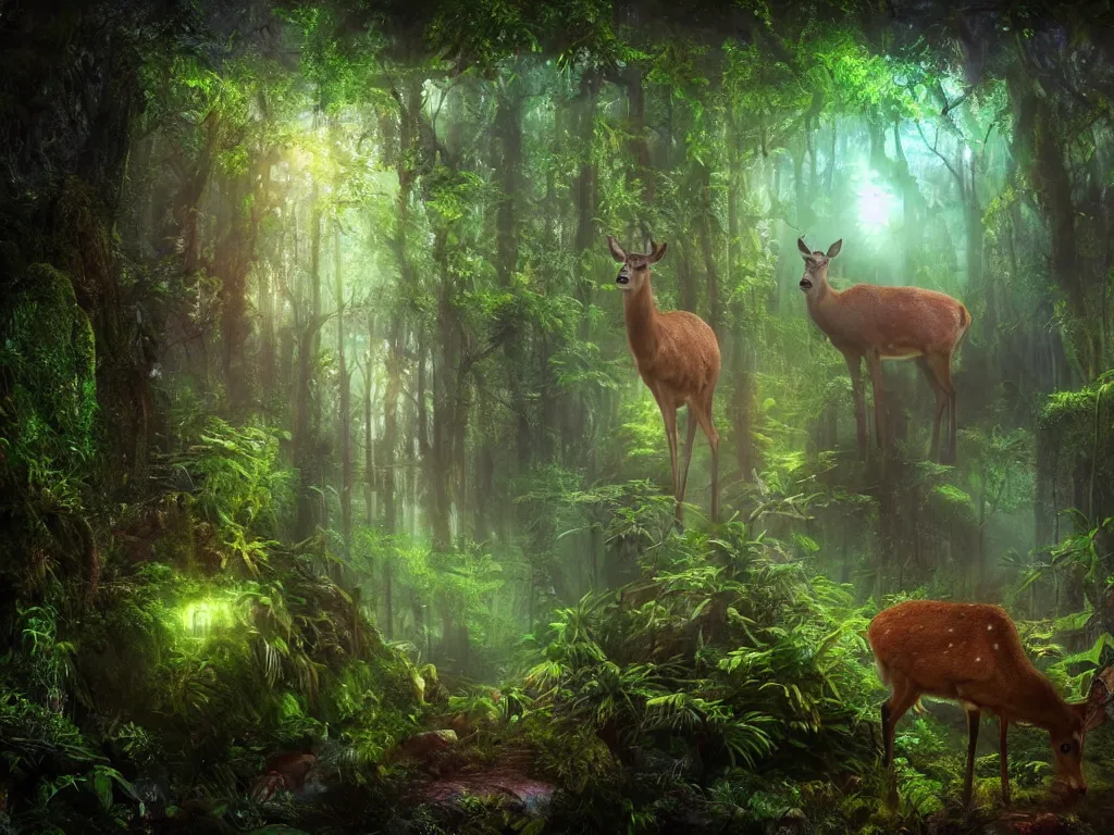 Prompt: a fantasy beautiful dense biorelevant enchanted rainforest setting, ultrawide angle, a deer made of bright neon ether light sparkle, cinematic lighting, extremely emotional, extremely dramatic, surround it with pixie dust ether floating in the air, hdr, epic scale, cmyk, deep spectrum color