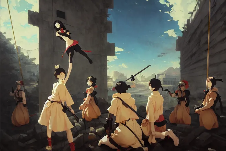 Image similar to baroque oil painting of key visual environment concept art of anime maids executing a war criminal by public hanging, brutalist, dark fantasy, rule of thirds golden ratio, fake detail, trending pixiv fanbox, acrylic palette knife, style of makoto shinkai studio ghibli genshin impact james gilleard greg rutkowski chiho aoshima