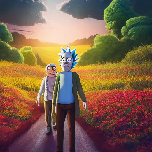 Prompt: realistic portrait of rick sanchez, rick and morty, walking in a field. france, dordogne, hills, ultra high, face to camera, detail, 8 k, sunset, flowers, trees, river, octane render.