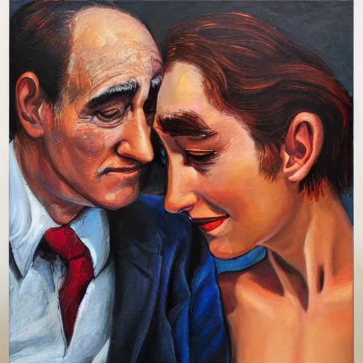 Prompt: perfectly centered symmetrical split male and female portrait of man and woman in love sharing one heart ; oil painting by will eisner, photorealistic, highly detailed