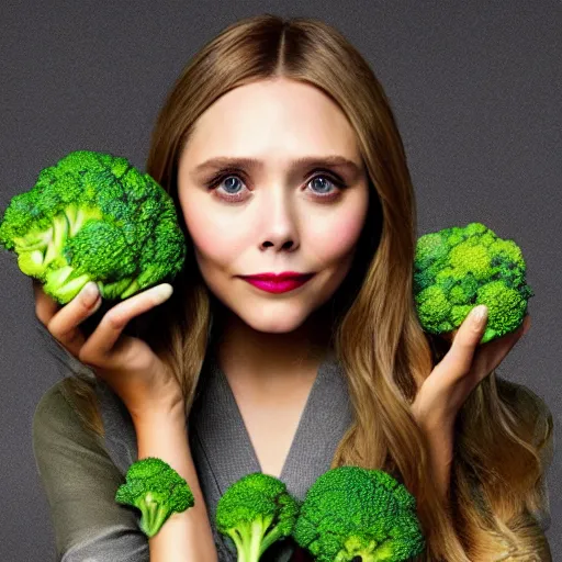 Prompt: elizabeth olsen has [ [ broccoli for a face ] ]!!, [ [ broccoli as skin ] ]!!, trending on cgsociety, 4 k quality, intricate