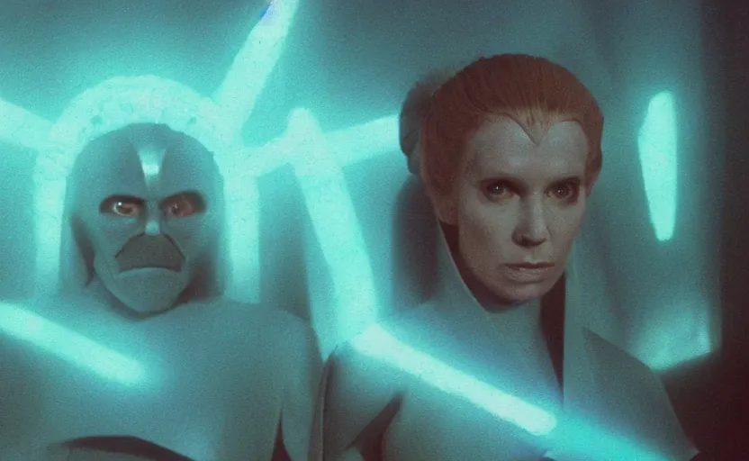 Image similar to screenshot portrait of sith lord queen female villian, in a teal round Temple scene from lost star wars film from 1980s directed by Stanley Kubrick, 4k restoration, iconic shot, surreal sci fi set design, photoreal portrait Carrie fischer and Harrison Ford, detailed face, moody lighting stunning cinematography, hyper detailed, sharp, anamorphic lenses, kodak color film