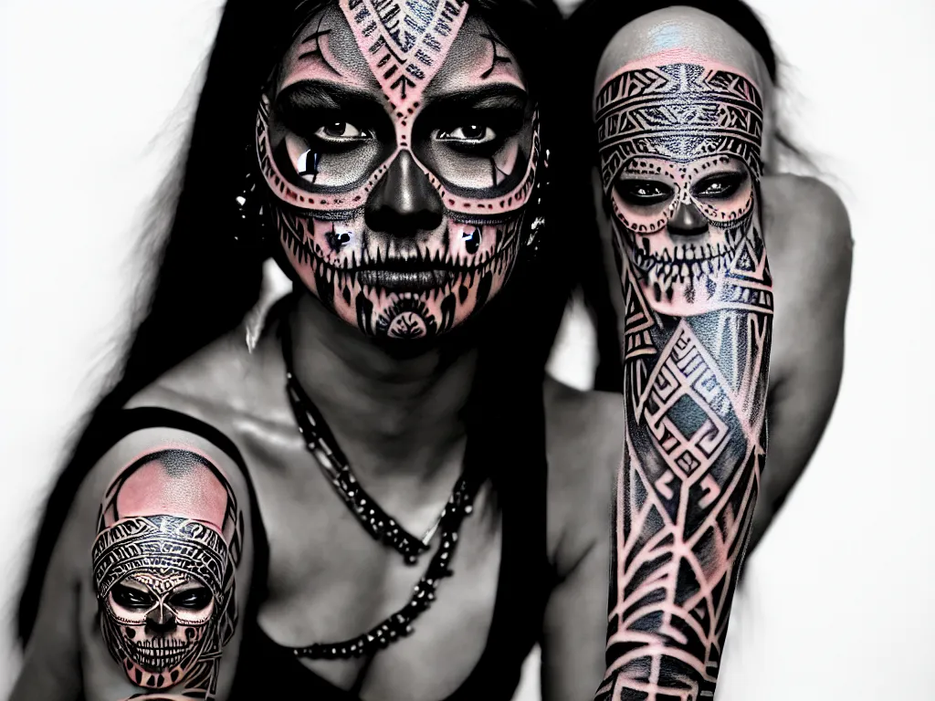 Image similar to photorealistic head and shoulders photo of beautiful female ornate fantasy indian tribal aztec warrior goddess, confident, minimal black skull warpaint, tattoos, Neil Blevins, James Paick, Natasha Tan, Maciej Kuciara, Frank frazetta, arney freytag, Ritu Kumar, Sabyasachi Mukherjee, Annie Leibowitz, bokeh, 4k, fashion pose, cinematic, National Geographic photo shoot, dramatic, 28mm