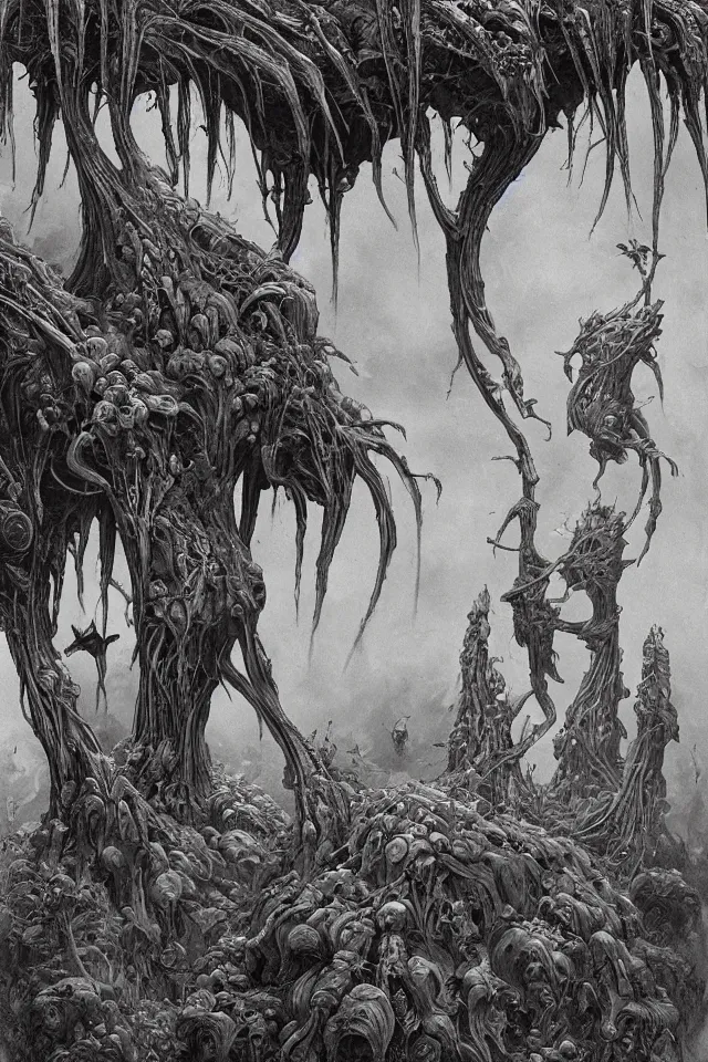 Prompt: an incredible illustration morning on a beautiful alien planet with strange trees and flowers, by hr giger, richard corben, zdzisław beksinski, moebius, hieronymus bosch and francis bacon, trending on artstation, highly detailed