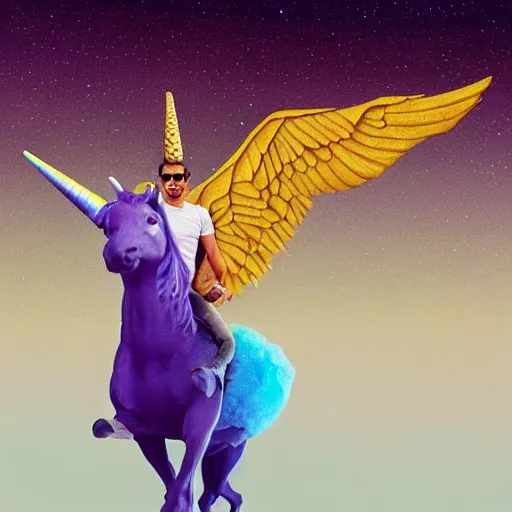 Image similar to jeff goldblum riding a winged unicorn, art by beeple, hyperrealistic