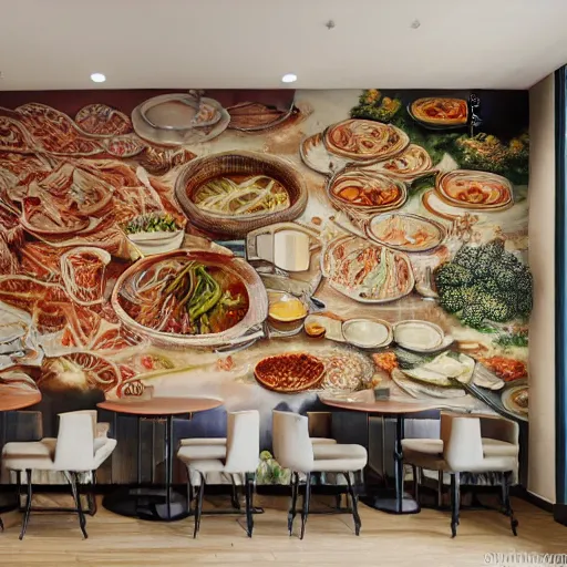 Image similar to a beautiful hyperdetailed interior 4 k hd wallpaper illustration of roasted string hotpot restaurant restaurant yan'an, corner, simple style, wall painting, from china, with merchant logo, simple structure, surrealistic, chinese style, victo ngai