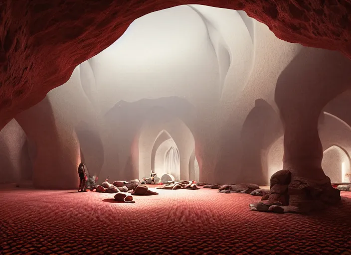 Image similar to a mosque inside a cave, red iranian mat, holy by caspar david friedrich by james gilleard and justin gerard, artstation, smooth, sharp focus, by jean baptiste, octane render