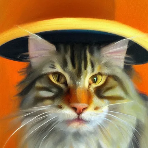 Image similar to Portrait Oil Painting Thick-Strokes of a photogenic ginger Maine-Coon wearing a sombrero sombrero sombrero