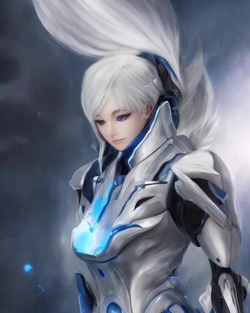 Image similar to perfect white haired girl, warframe armor, beautiful, dreamy, half asian, pretty face, blue eyes, detailed, windy weather, scifi platform, laboratory, experiment, 4 k, ultra realistic, epic lighting, cinematic, high detail, masterpiece, art by akihito tsukushi, akasuki voidstar