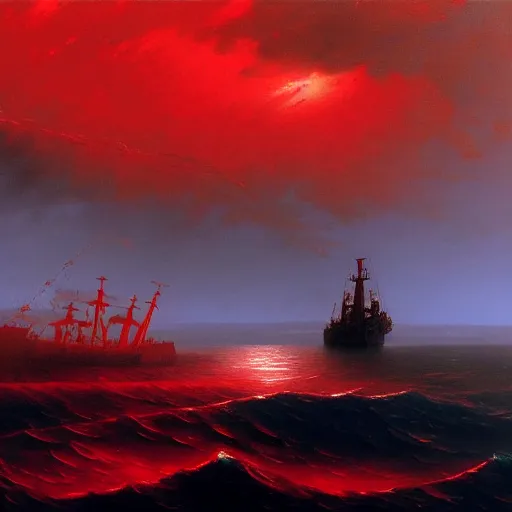 Image similar to bloody ocean, rusted iron ship sinking in red blood ocean, by Ivan Aivazovsky, junji ito, hd 8k