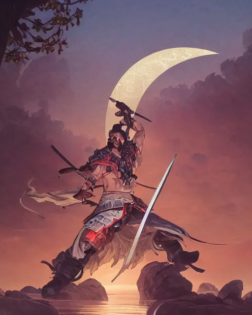 Image similar to '' Illustration a samurai breaking its chains, (night), (moon in the background), league of legends, Fenrir, LOL, fantasy, d&d, digital painting, artstation, concept art, sharp focus, illustration, art by greg rutkowski and alphonse mucha ''