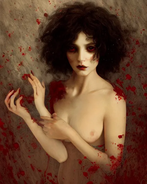 Image similar to a beautiful but sinister girl in layers of fear, with haunted eyes and curly hair, eerie moorlands behind her, 1 9 7 0 s, seventies, delicate embellishments, a little blood, crimson, painterly, offset printing technique, by alexandre cabanel