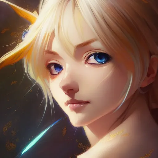 Image similar to portrait of a beautiful cute blonde nisekoi with big blue eyes, fantasy, intricate, elegant, highly detailed, digital painting, artstation, concept art, smooth, sharp focus, illustration, art by artgerm and greg rutkowski and alphonse mucha