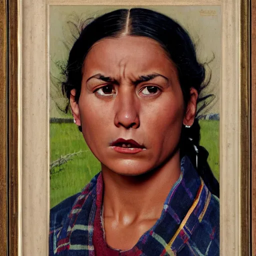 Image similar to head and shoulders portrait of young native american woman, snarling, looking up, clothed, three quarter profile, norman rockwell, ryan pancoast