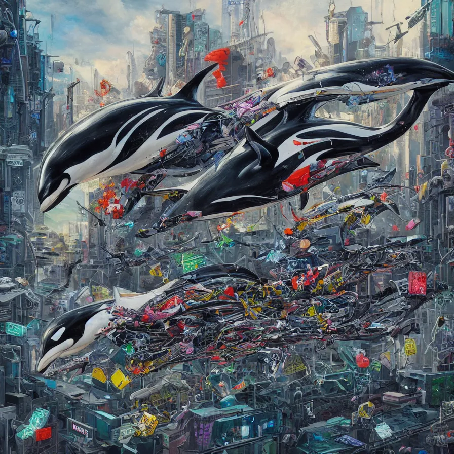 Prompt: an anatomical oil painting of an Orca covered in graffiti, flying through a cyberpunk city from a medical journal by Nychos and Ross Tran, highly detailed, high detail, 8k,