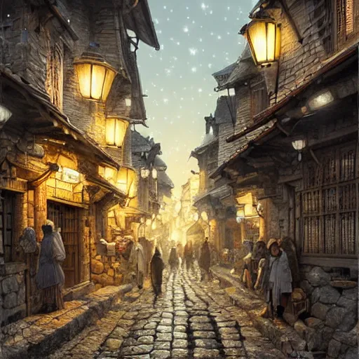 Prompt: ultra realistic illustration and highly detailed digital render of a intricate busy street inside a ancient 1 5 th century stone village, by greg rutkowski and makoto shinkai, nighttime, dark sky, twinkly stars, amazing sky, migrating birds in the sky, colorful street lamps along road, natural stone road, asian style vendorsf