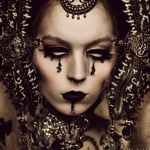 Image similar to a portrait of female model by stefan geselle, photorealistic, intricate details, hyper realistic, dark fantasy, ornate headpiece, dark beauty, photorealistic, canon r 3, photography, wide shot, photography, dark beauty