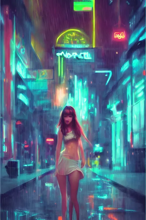 Prompt: cute girl in the rain, neon lights, by wlop, concept art, poster