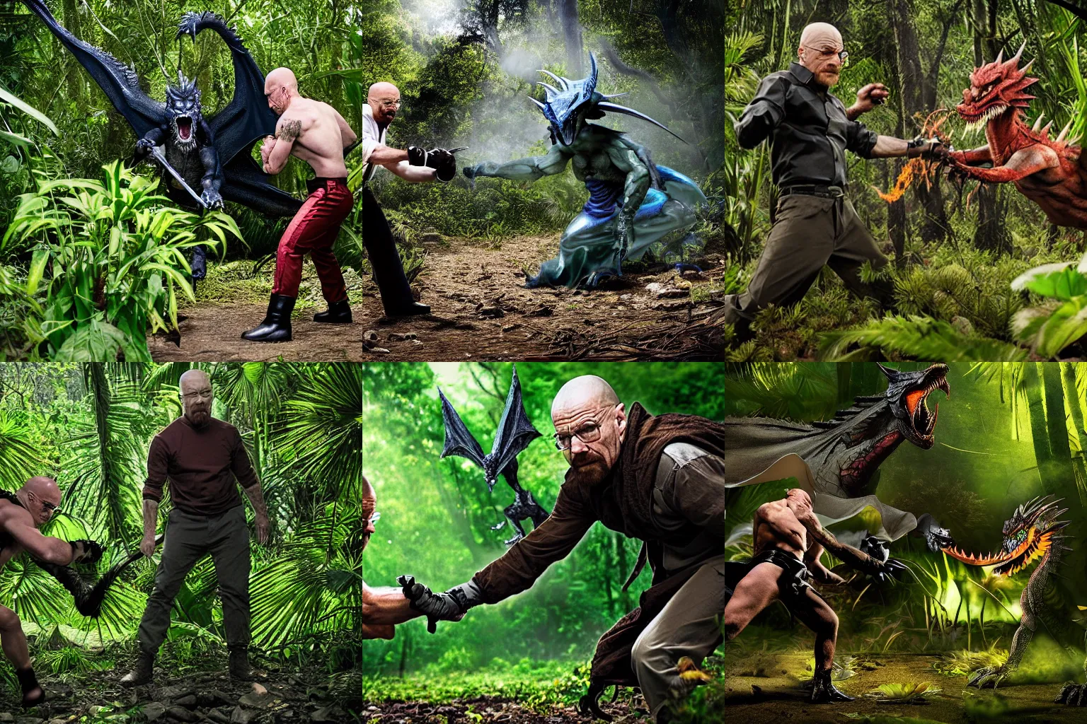 Prompt: Walter white fighting with dark dragon in the middle of the jungle, professional photography