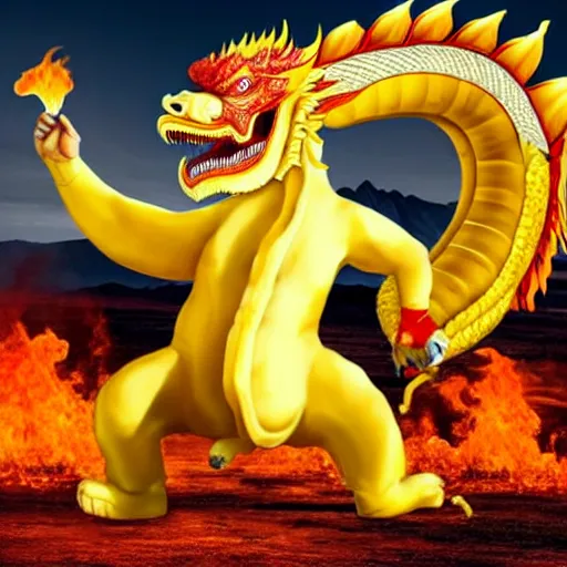 Image similar to Chinese president with bananas in hand in epic stance fighting dragon on flaming mountain, bananas weapon, painting, epic