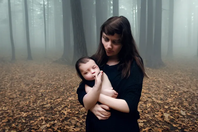 Image similar to a cinematic photo of a young woman with dark hair holds a baby in a dark, foggy forest, closeup, masterpiece