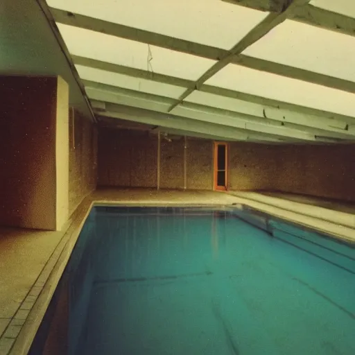 Image similar to a liminal space of a old 1 9 8 0 s pool, backrooms, eerie, found footage, pool