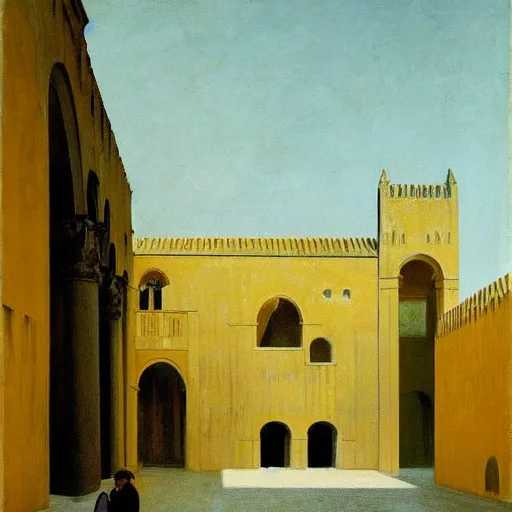 Image similar to in the distance, a little girl with short black hair and wearing a yellow coat alone in the inner courtyard of a cloister in an abbey, the light is bright and wintry, painting by hopper and de chirico