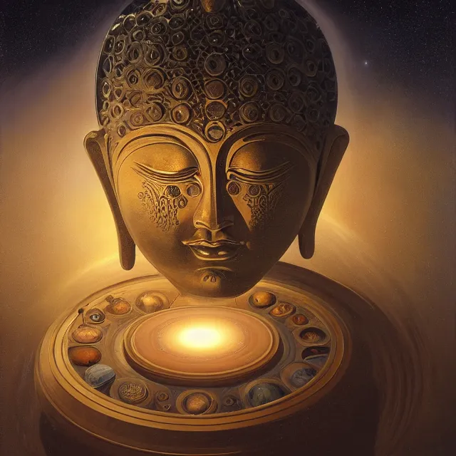 Prompt: a solar system rotating around a biomechanical buddha head, volumetric lighting, volumetric shadows, symmetrical, intricate details, concept art, realistic oil painting by tim hilderbrandt,