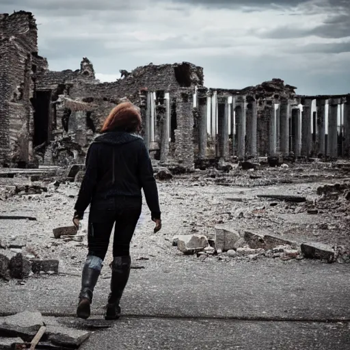 Prompt: walk this world alone, single agender figure walking through multiple landscapes ruins post apocalyptic abstract