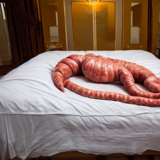 Image similar to Donald Trump in a bed covered in sausages, Canon EOS R3, f/1.4, ISO 200, 1/160s, 8K, RAW, unedited, symmetrical balance, in-frame