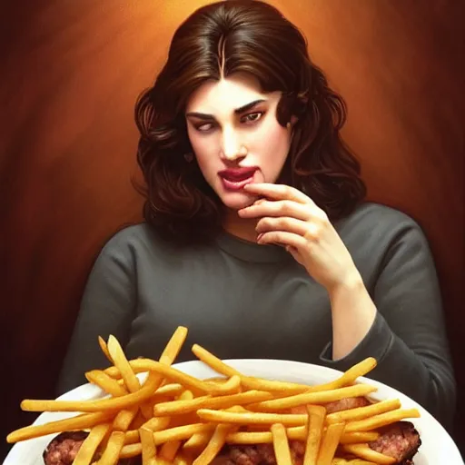 Image similar to portrait of James Gandolfini eating hamburgers, french fry background, extra onions and ketchup, luscious patty with sesame seeds, feminine ethereal, handsome, D&D, fantasy, intricate, elegant, highly detailed, digital painting, artstation, concept art, matte, sharp focus, illustration, art by Artgerm and Greg Rutkowski and Alphonse Mucha