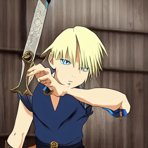 Prompt: young blonde boy fantasy thief with daggers in a tavern, full metal alchemist, anime style