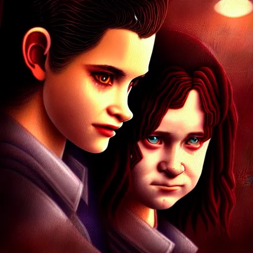 Image similar to Twilight version of Stranger Things, Portrait of Edward and Bella, diffuse lighting, fantasy, intricate, elegant, highly detailed, lifelike, photorealistic, digital painting, artstation, illustration, concept art, smooth, sharp focus, art by Krenz Cushart