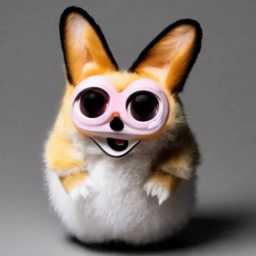 Image similar to an uncanny corgi furby, inspired by junji ito, photographed by david lynch