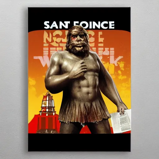 Prompt: saint homo neanderthalis portrait poster with book of science on his right hand, pop art, gta chinatown wars art style, bioshock infinite art style, hyperrealistic, two colors, paper border table, 4 k, remove duplicate content, justify contents center.