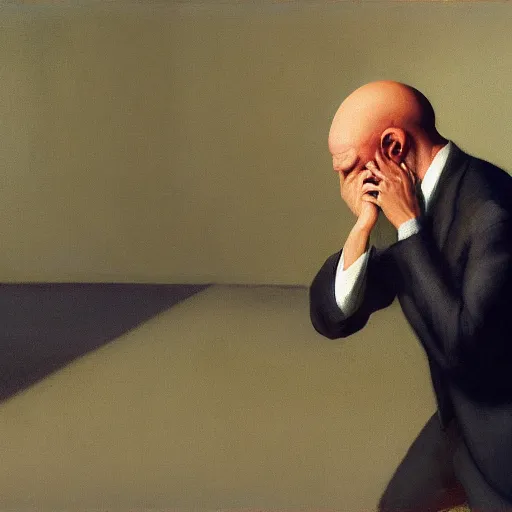 Image similar to a crying man who is screaming, his head is a skull, he wears a suit, in the style of Edward Hopper, 4k,