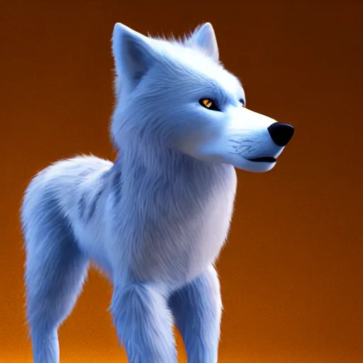 Image similar to 3 d render, well toned, large tall, female anthropomorphic wolf, blue fur with white spots, thick fur covering her chest.