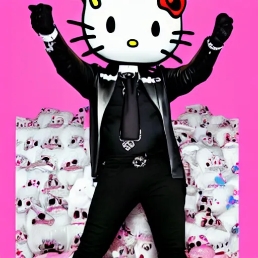 Prompt: photograph of Karl Lagerfeld wearing a hello kitty tshirt , highly detailed, 8k, cinematic,