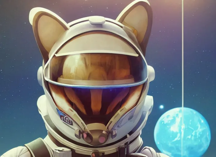 Image similar to An anthropomorphic fox as a retrofuturistic astronaut, helmet with led lights, freely floating in space, large planet in the background, volumetric lighting, glowing lights, 4k, octane, digital painting, artstation, concept art, cinematic film, sharp focus, illustration, art by artgerm and greg rutkowski and alphonse mucha , wide angle view,