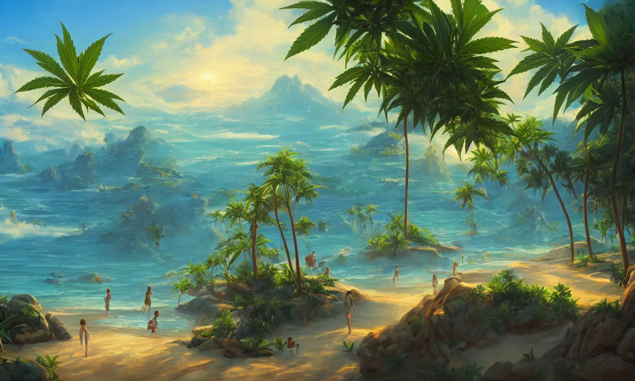 Prompt: marijuana on paradise beach, trending on artstation, by Noah Bradley