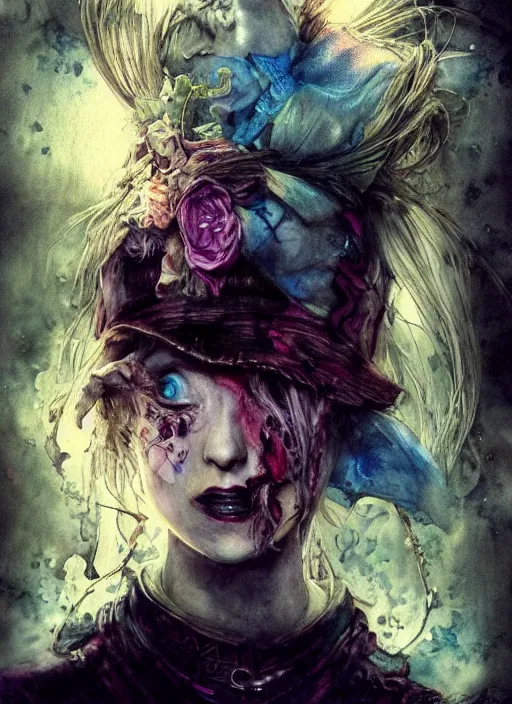 Image similar to portrait, grunge alice in wonderland, watercolor, dramatic lighting, cinematic, establishing shot, extremly high detail, foto realistic, cinematic lighting, pen and ink, intricate line drawings, by Yoshitaka Amano, Ruan Jia, Kentaro Miura, Artgerm, post processed, concept art, artstation, matte painting, style by eddie mendoza, raphael lacoste, alex ross