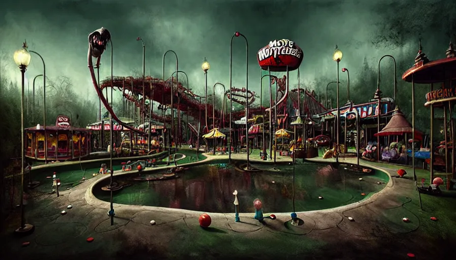 Image similar to michal karcz grunge painting of an amusement park, monster and horror theme. Monster-themed Minigolf and whack-a-mole monster theme, detailed, elegant, intricate, 4k,