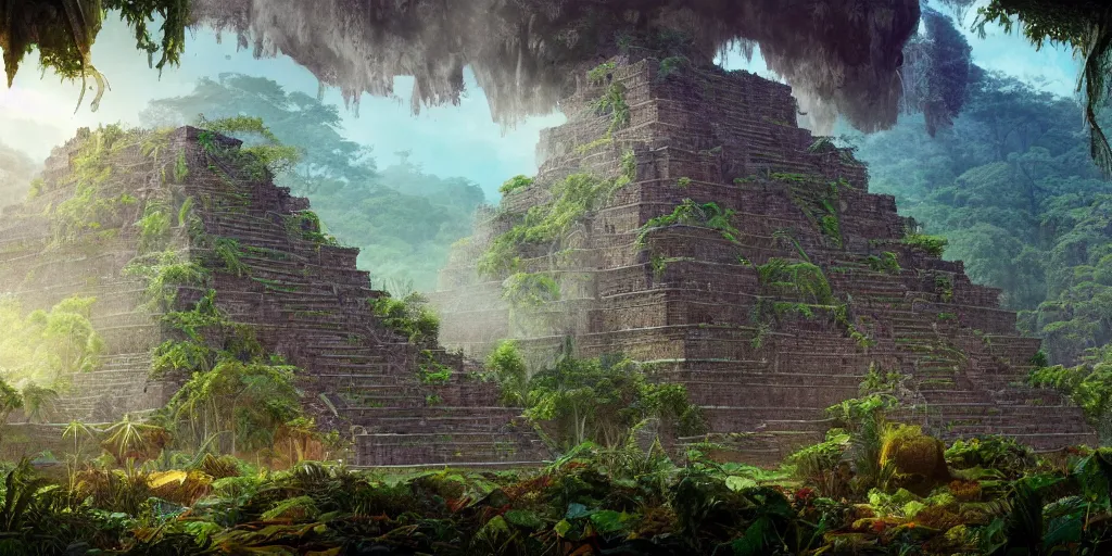 Image similar to fantasy painting of aztec ruins in a vast jungle, intricate abstract. delicate artwork. by tooth wu, wlop, beeple, dan mumford. octane render, trending on artstation, greg rutkowski very coherent symmetrical artwork. cinematic, hyper realism, high detail, octane render, 8 k, depth of field, bokeh. chrome accents.