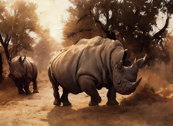 Image similar to oil painting of old rugged rhino in dusty wild west street, art by anders zorn, wonderful masterpiece by greg rutkowski, beautiful cinematic light, american romanticism by greg manchess, jessica rossier